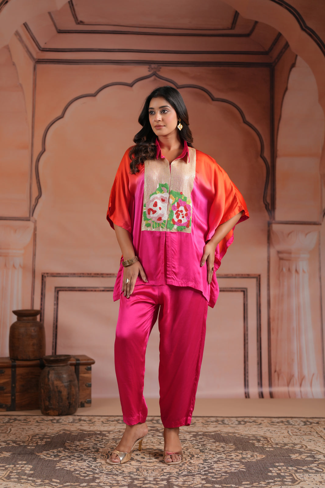 Pink & Orange Satin Crepe Kaftan Set With Beaded Embroidery