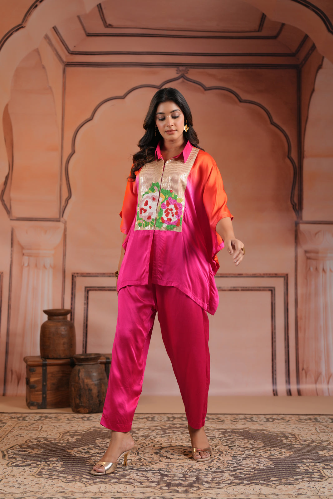 Pink & Orange Satin Crepe Kaftan Set With Beaded Embroidery