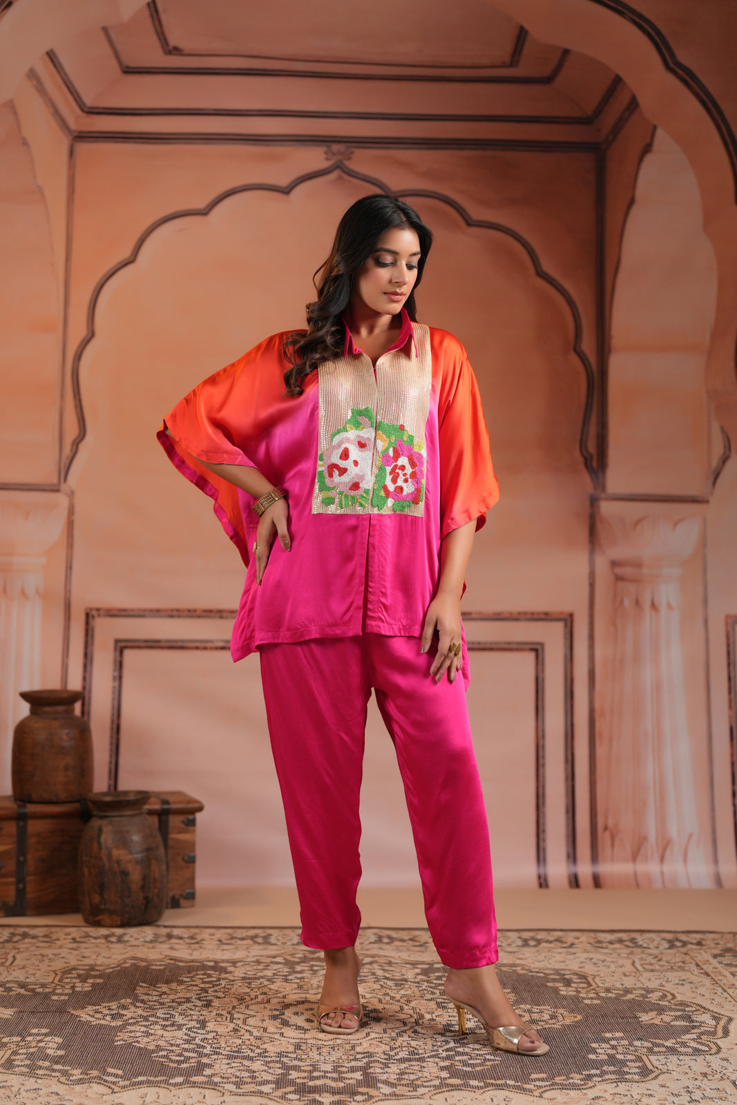 Pink & Orange Satin Crepe Kaftan Set With Beaded Embroidery