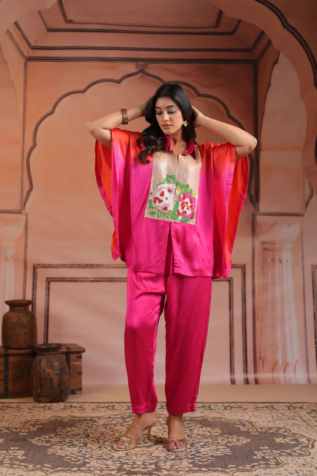 Pink & Orange Satin Crepe Kaftan Set With Beaded Embroidery