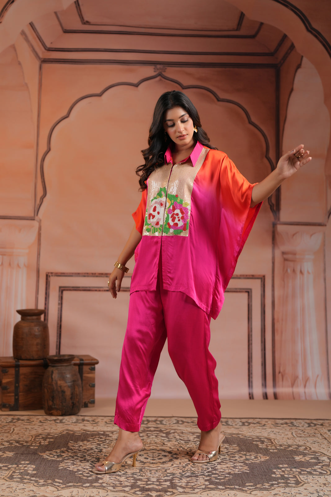 Pink & Orange Satin Crepe Kaftan Set With Beaded Embroidery