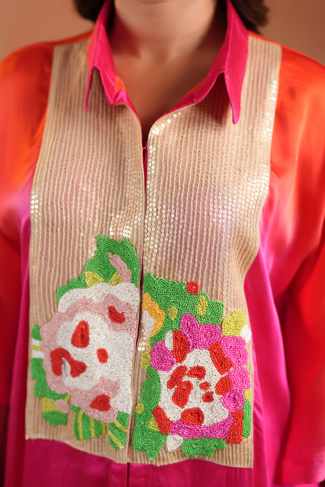Pink & Orange Satin Crepe Kaftan Set With Beaded Embroidery