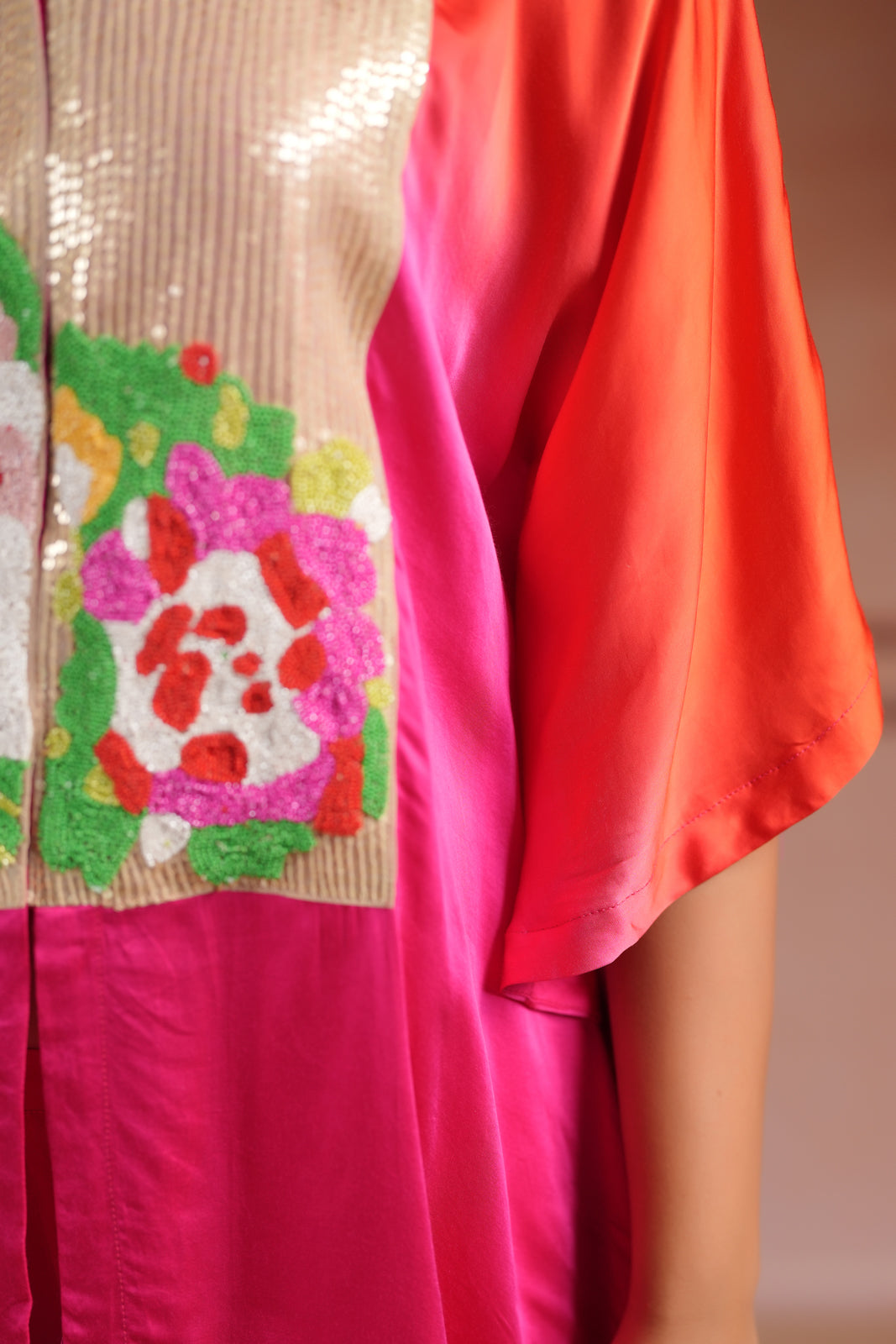 Pink & Orange Satin Crepe Kaftan Set With Beaded Embroidery