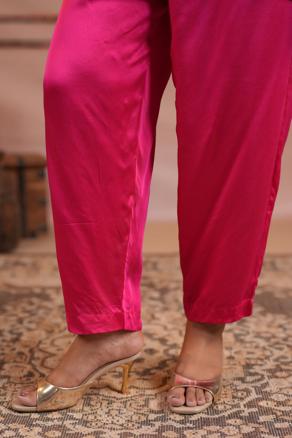 Pink & Orange Satin Crepe Kaftan Set With Beaded Embroidery