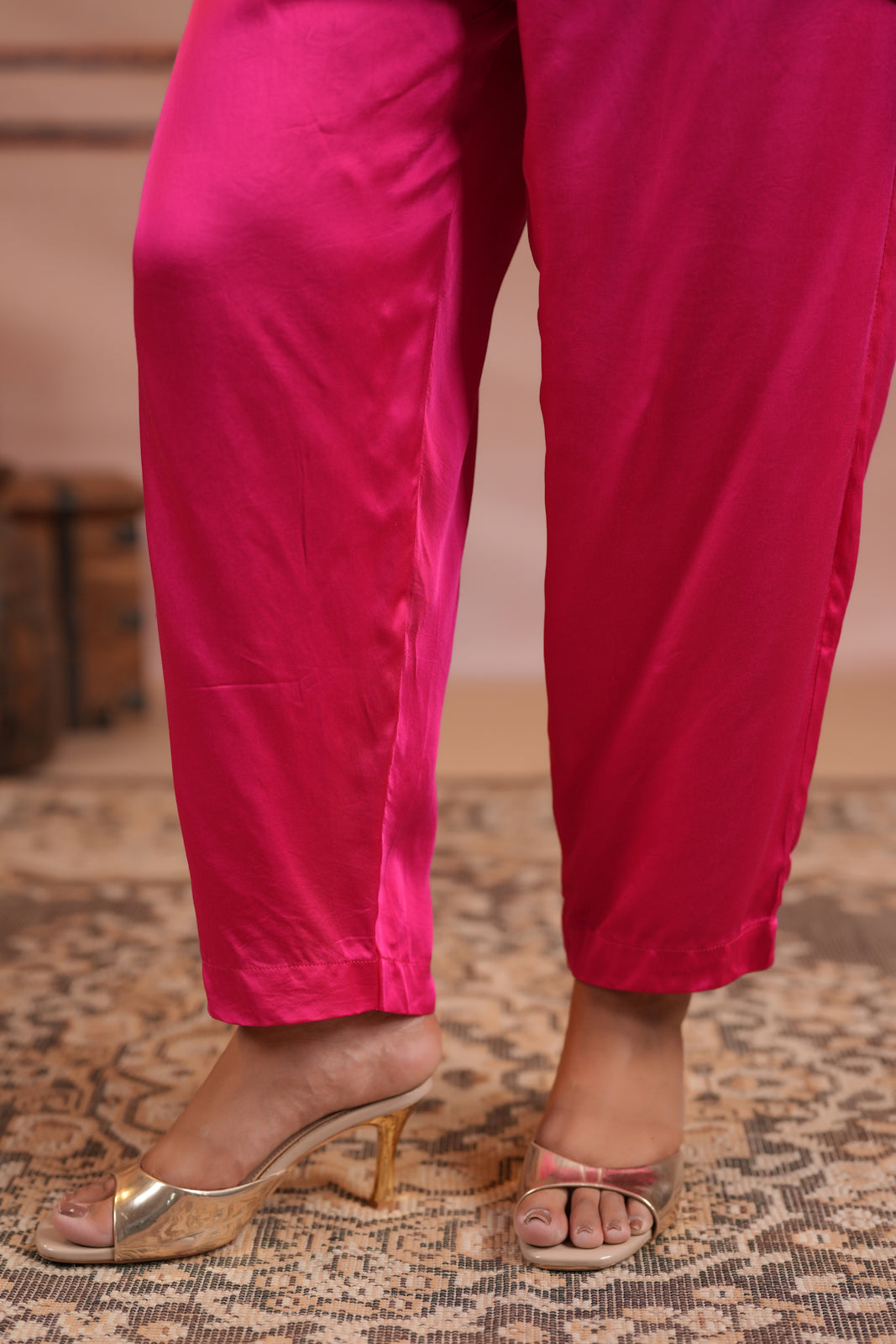Pink & Orange Satin Crepe Kaftan Set With Beaded Embroidery