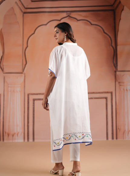 White Cotton High-Low Kaftan Set With Mininul Print Onthe Top