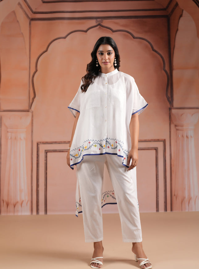 White Cotton High-Low Kaftan Set With Mininul Print Onthe Top