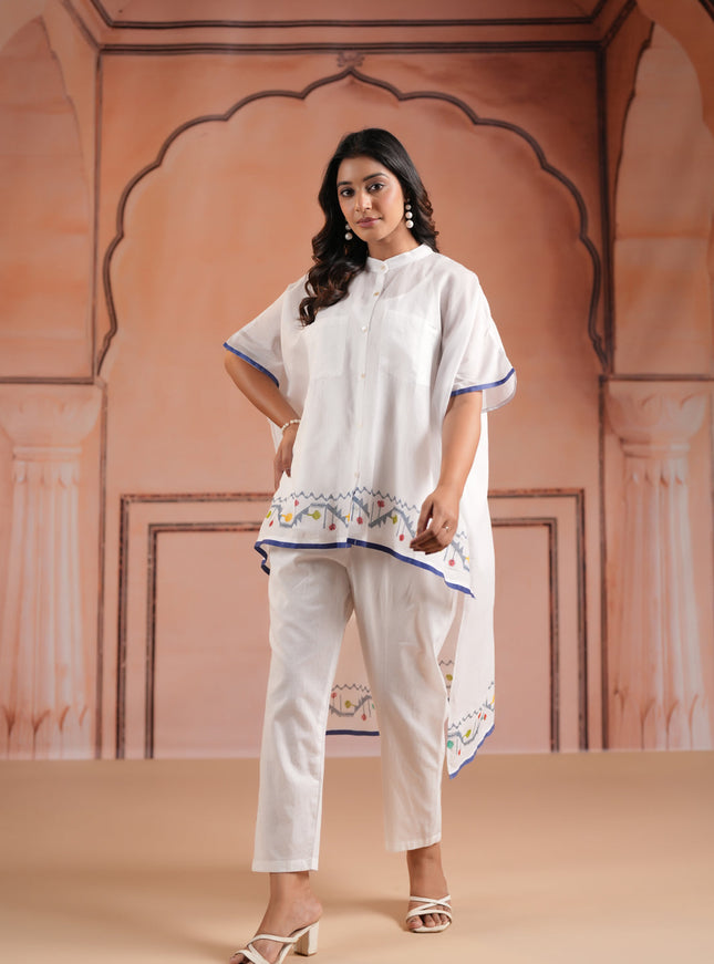 White Cotton High-Low Kaftan Set With Mininul Print Onthe Top