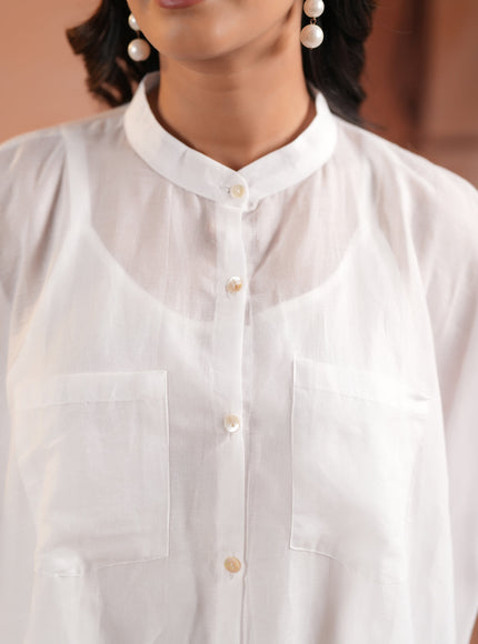 White Cotton High-Low Kaftan Set With Mininul Print Onthe Top