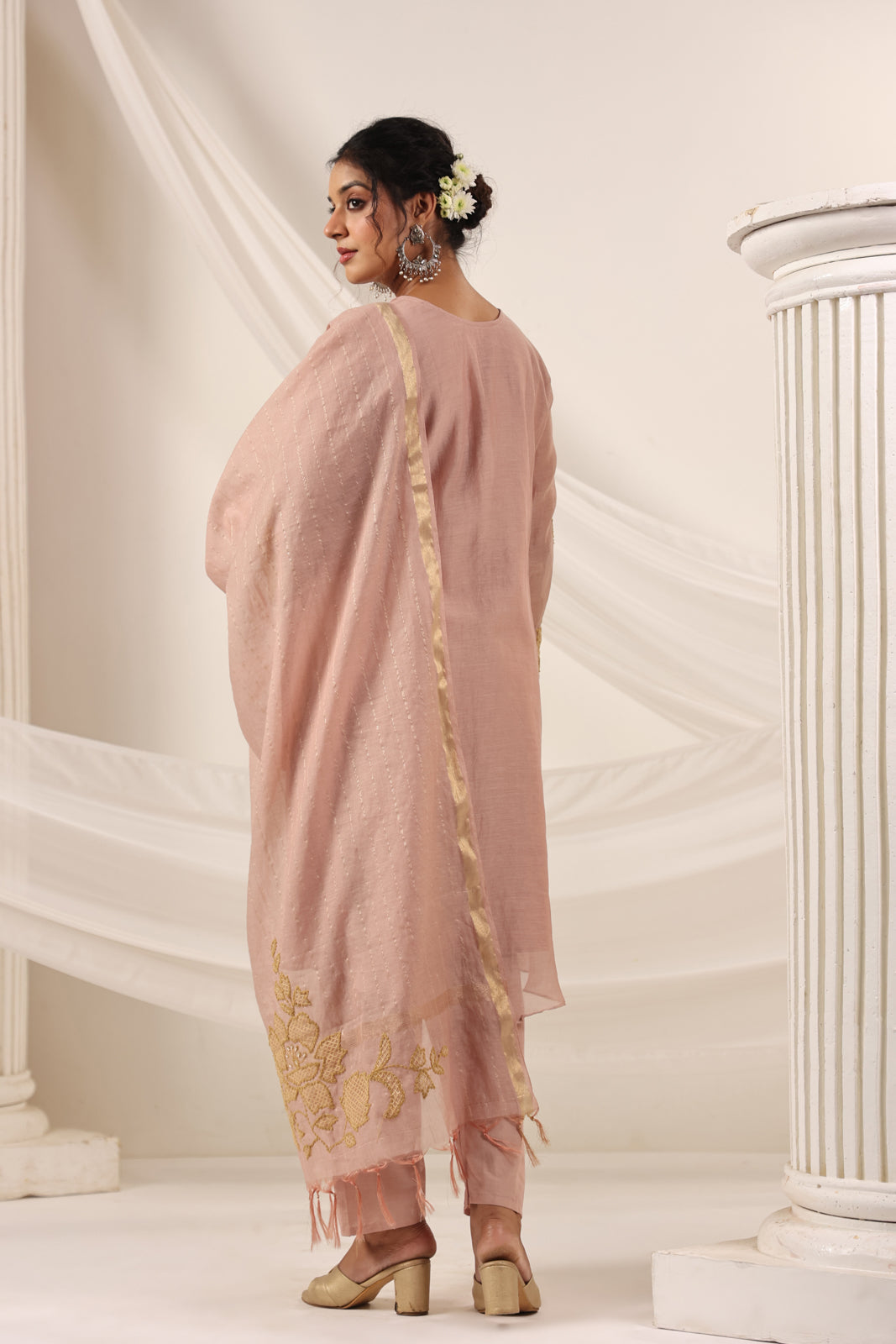 Blush Pink Chanderi Salwar Suit With Floral Embroidery Matching Pant & Dupatta