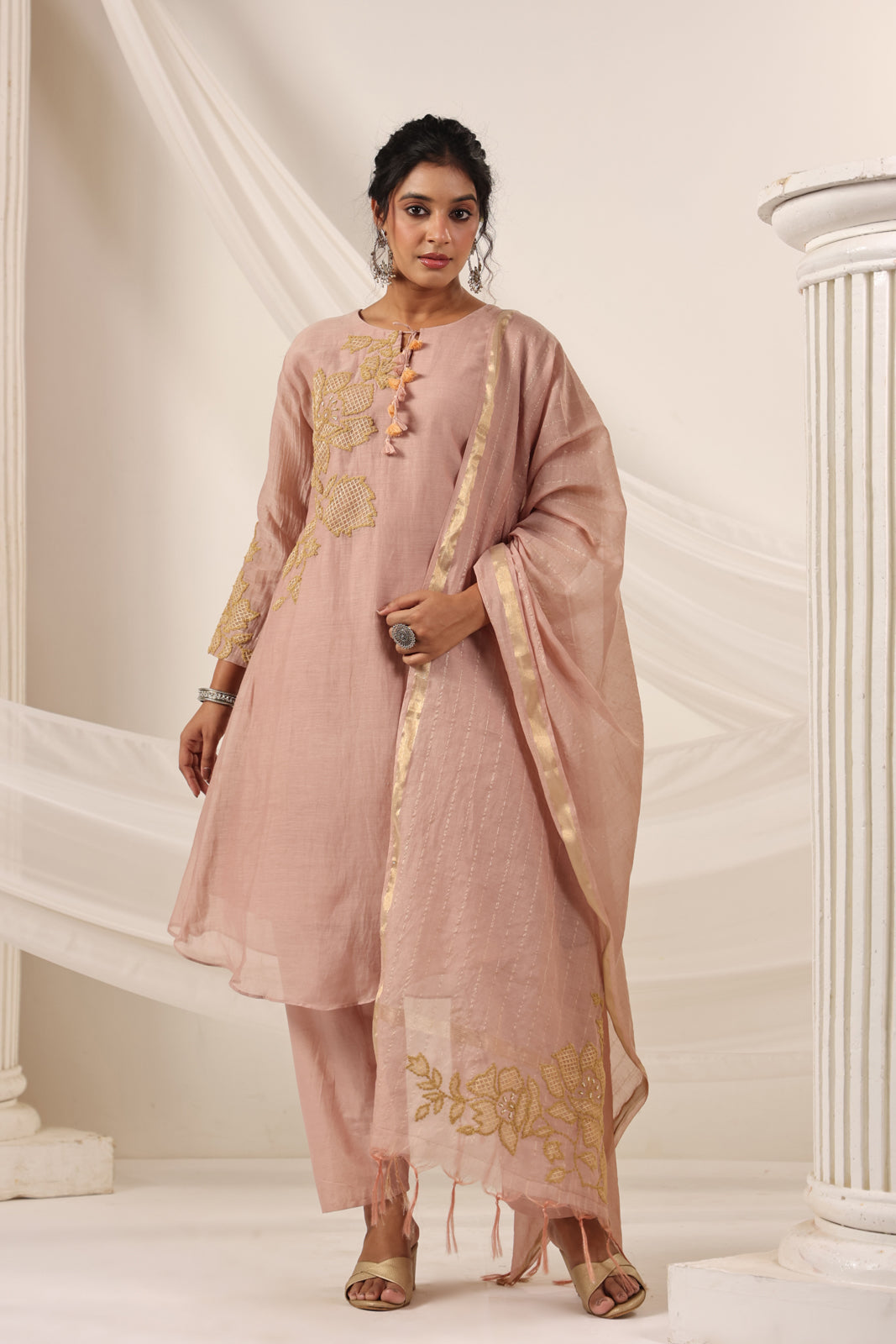 Blush Pink Chanderi Salwar Suit With Floral Embroidery Matching Pant & Dupatta