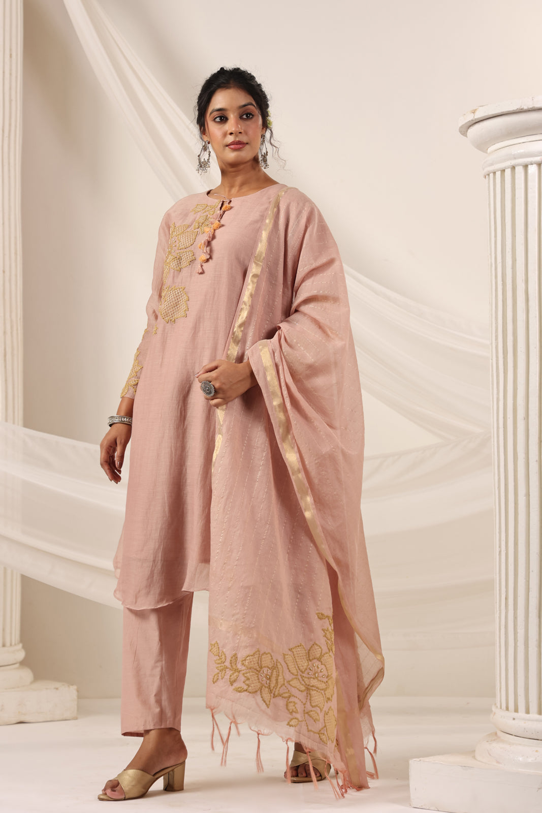 Blush Pink Chanderi Salwar Suit With Floral Embroidery Matching Pant & Dupatta