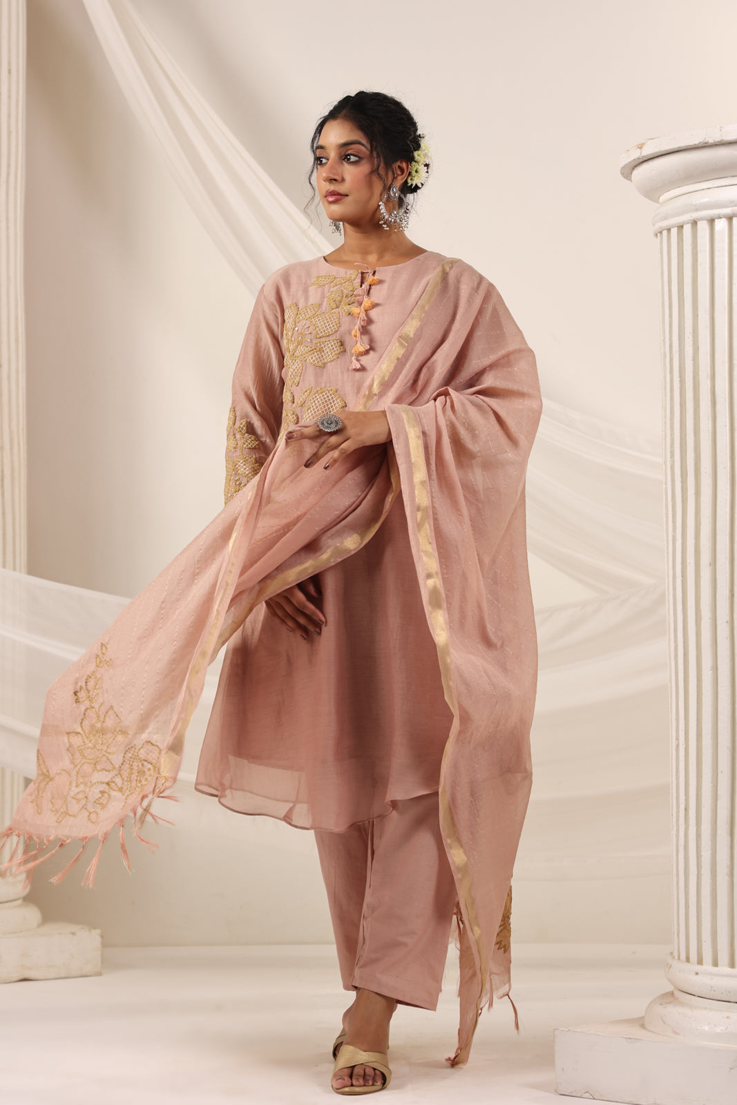 Blush Pink Chanderi Salwar Suit With Floral Embroidery Matching Pant & Dupatta