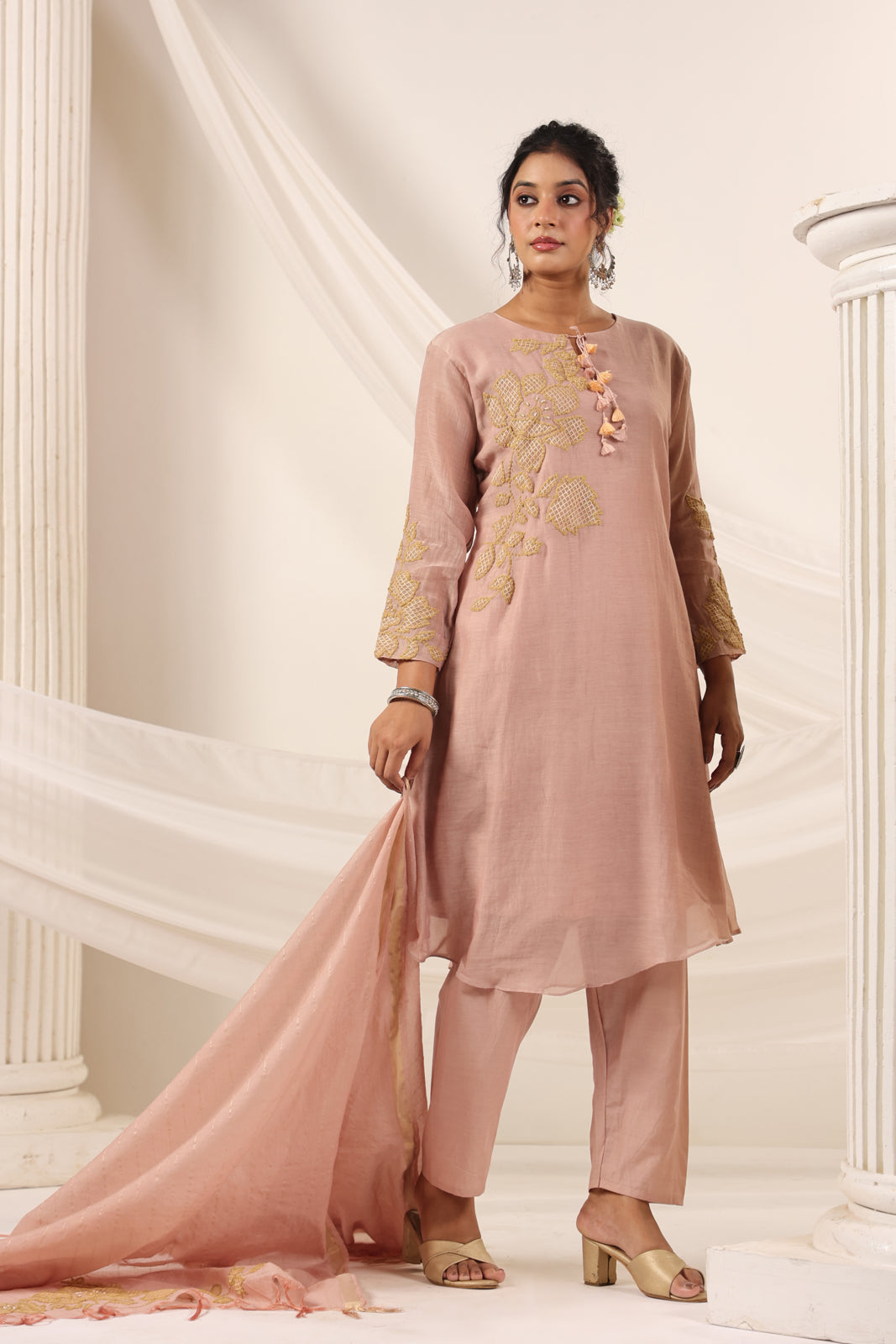 Blush Pink Chanderi Salwar Suit With Floral Embroidery Matching Pant & Dupatta