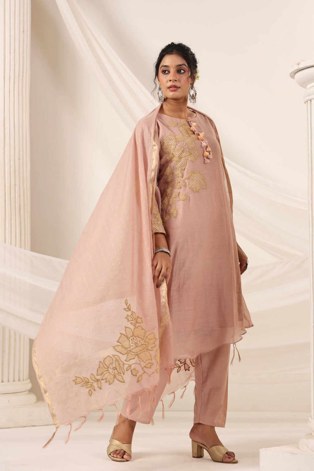 Blush Pink Chanderi Salwar Suit With Floral Embroidery Matching Pant & Dupatta