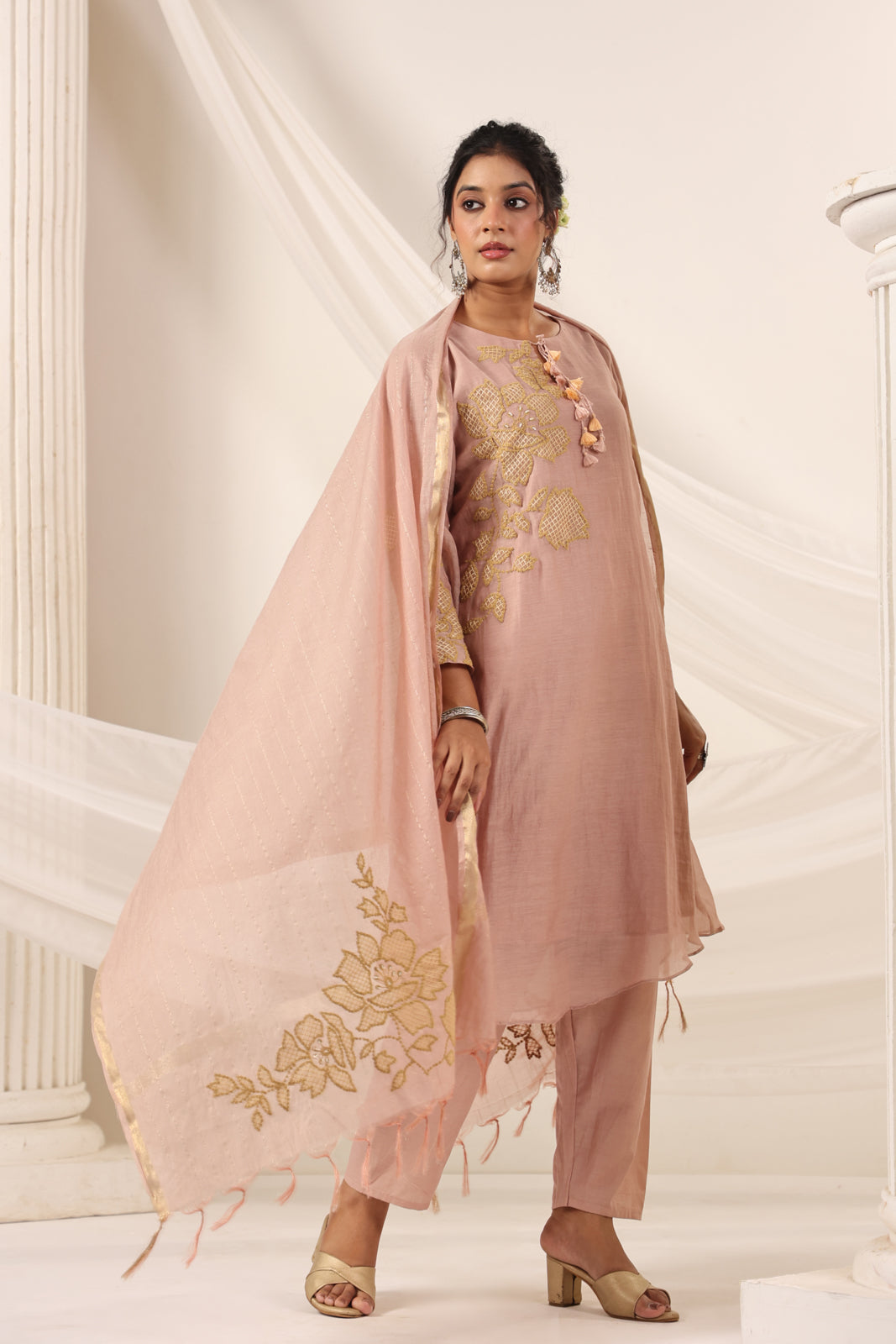 Blush Pink Chanderi Salwar Suit With Floral Embroidery Matching Pant & Dupatta