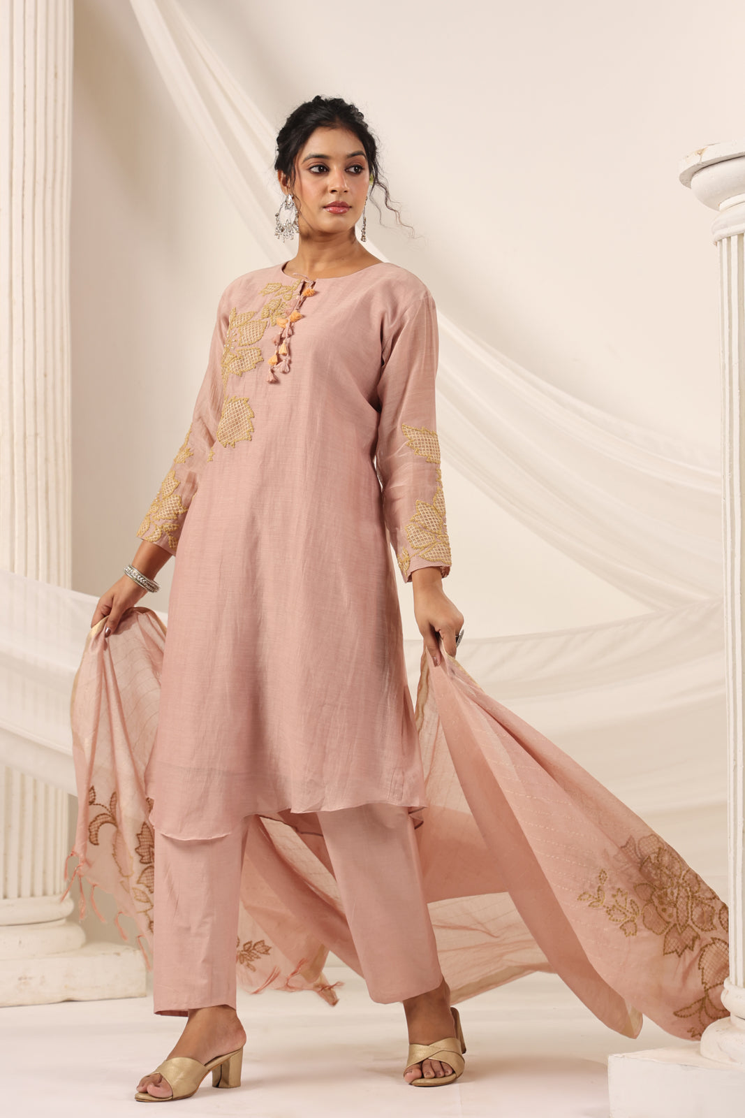 Blush Pink Chanderi Salwar Suit With Floral Embroidery Matching Pant & Dupatta
