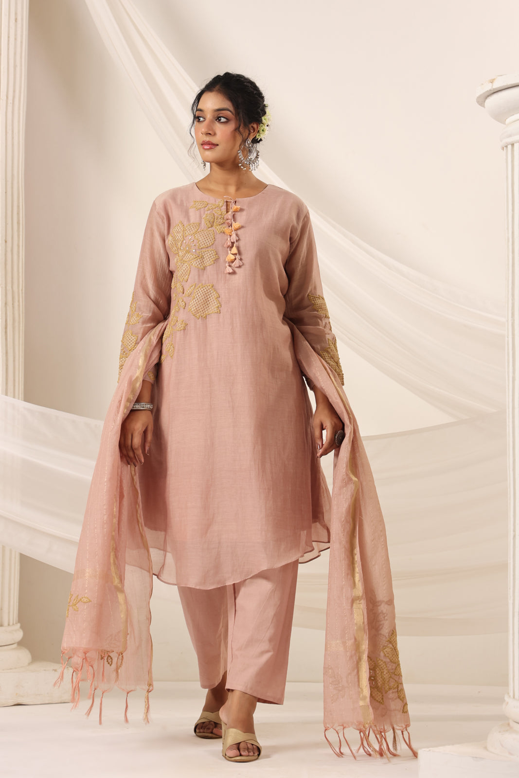 Blush Pink Chanderi Salwar Suit With Floral Embroidery Matching Pant & Dupatta