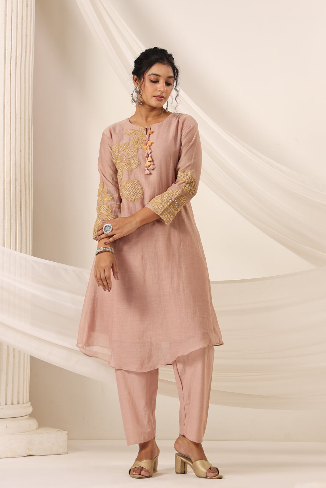 Blush Pink Chanderi Salwar Suit With Floral Embroidery Matching Pant & Dupatta