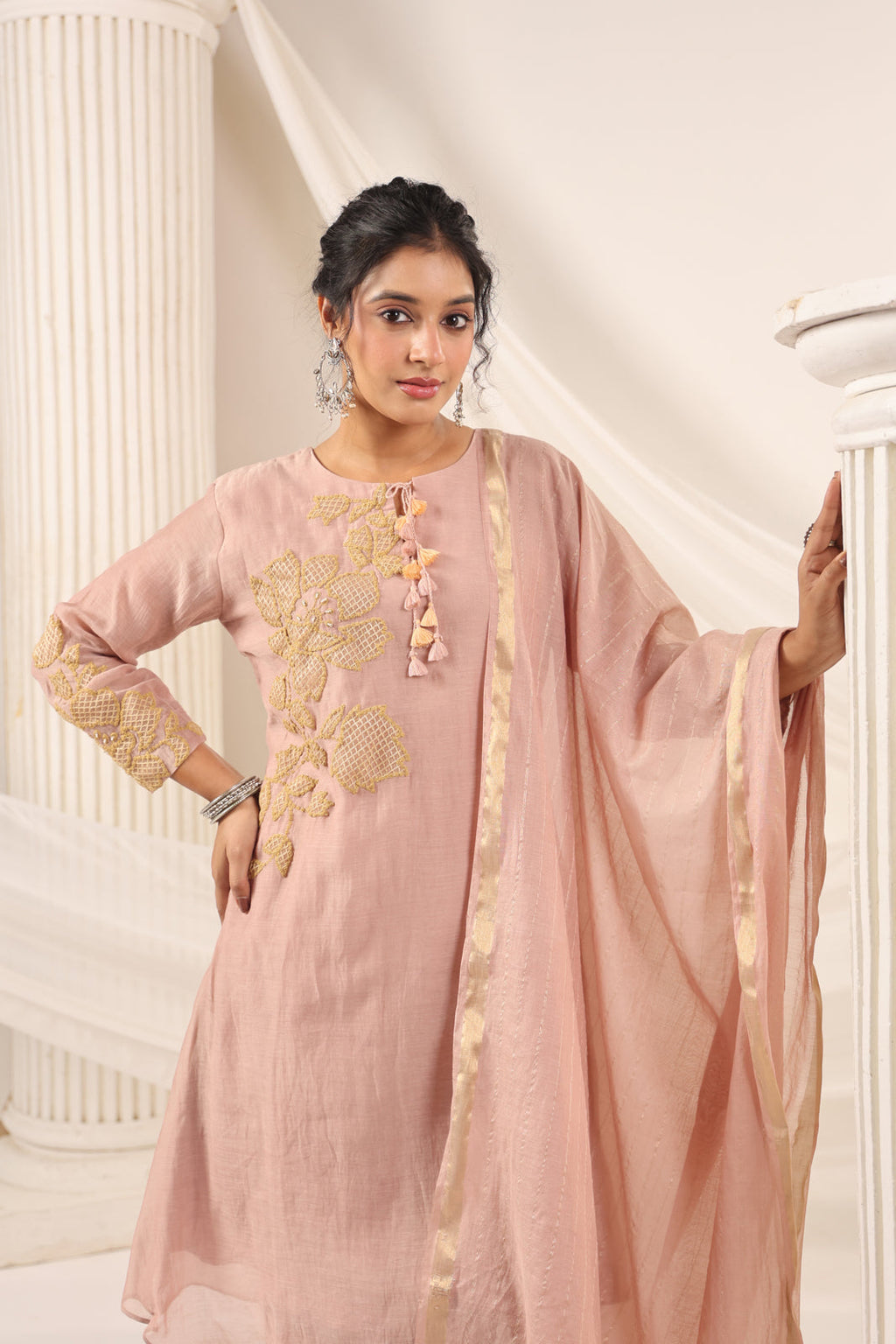 Blush Pink Chanderi Salwar Suit With Floral Embroidery Matching Pant & Dupatta