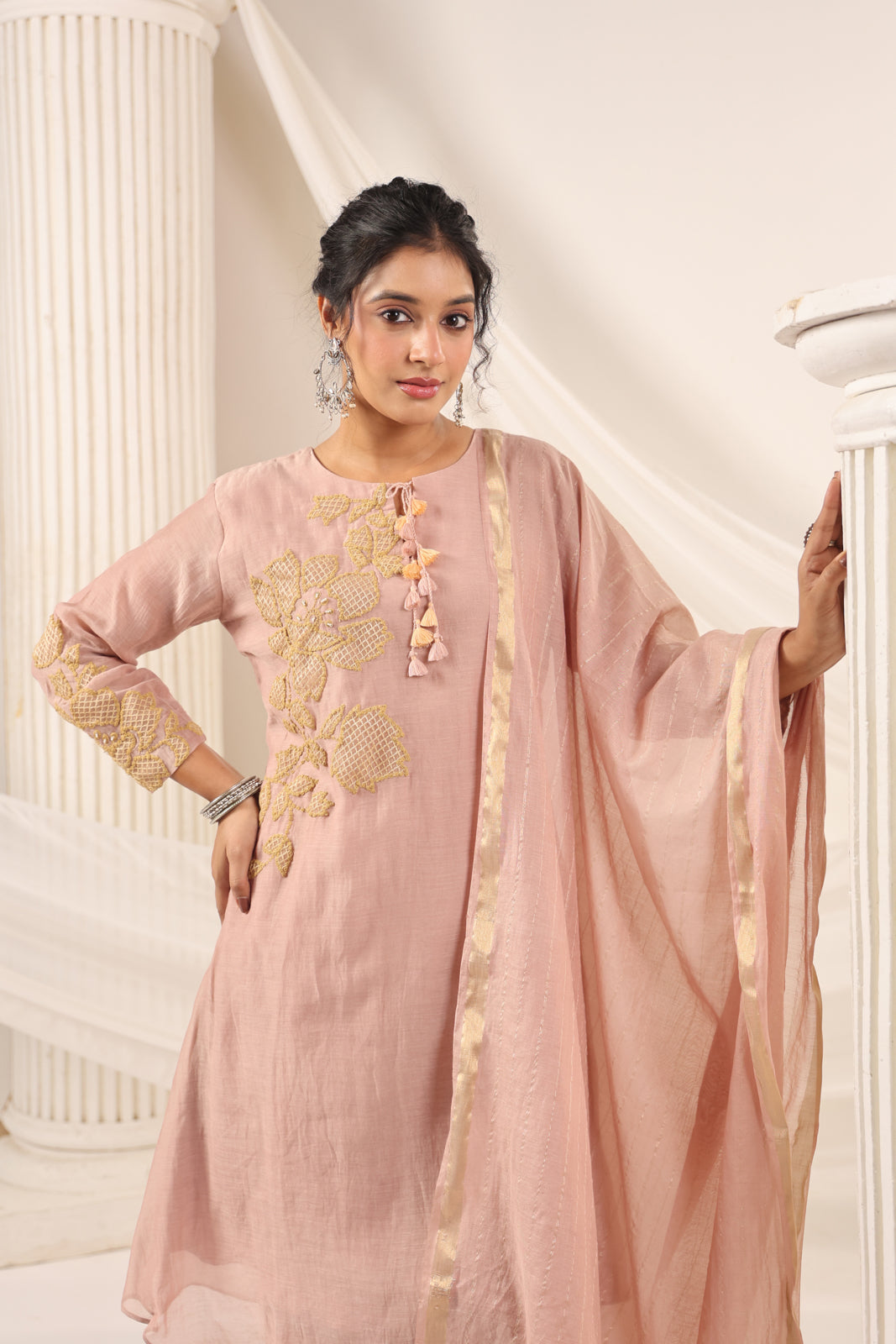 Blush Pink Chanderi Salwar Suit With Floral Embroidery Matching Pant & Dupatta
