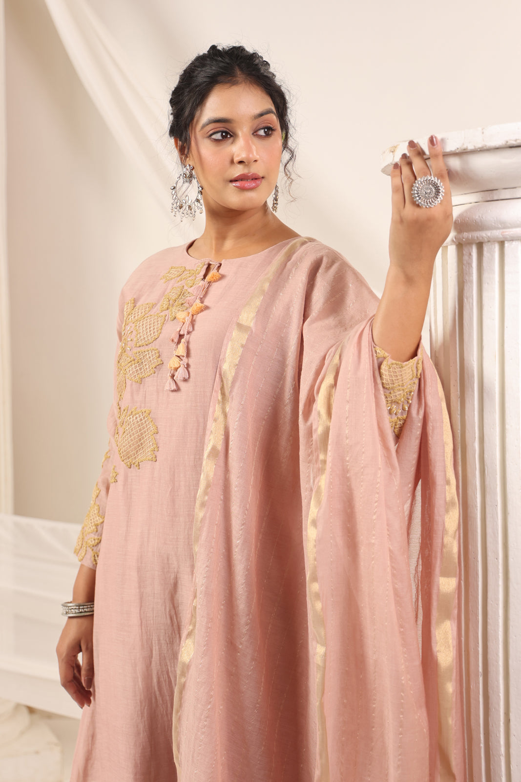 Blush Pink Chanderi Salwar Suit With Floral Embroidery Matching Pant & Dupatta