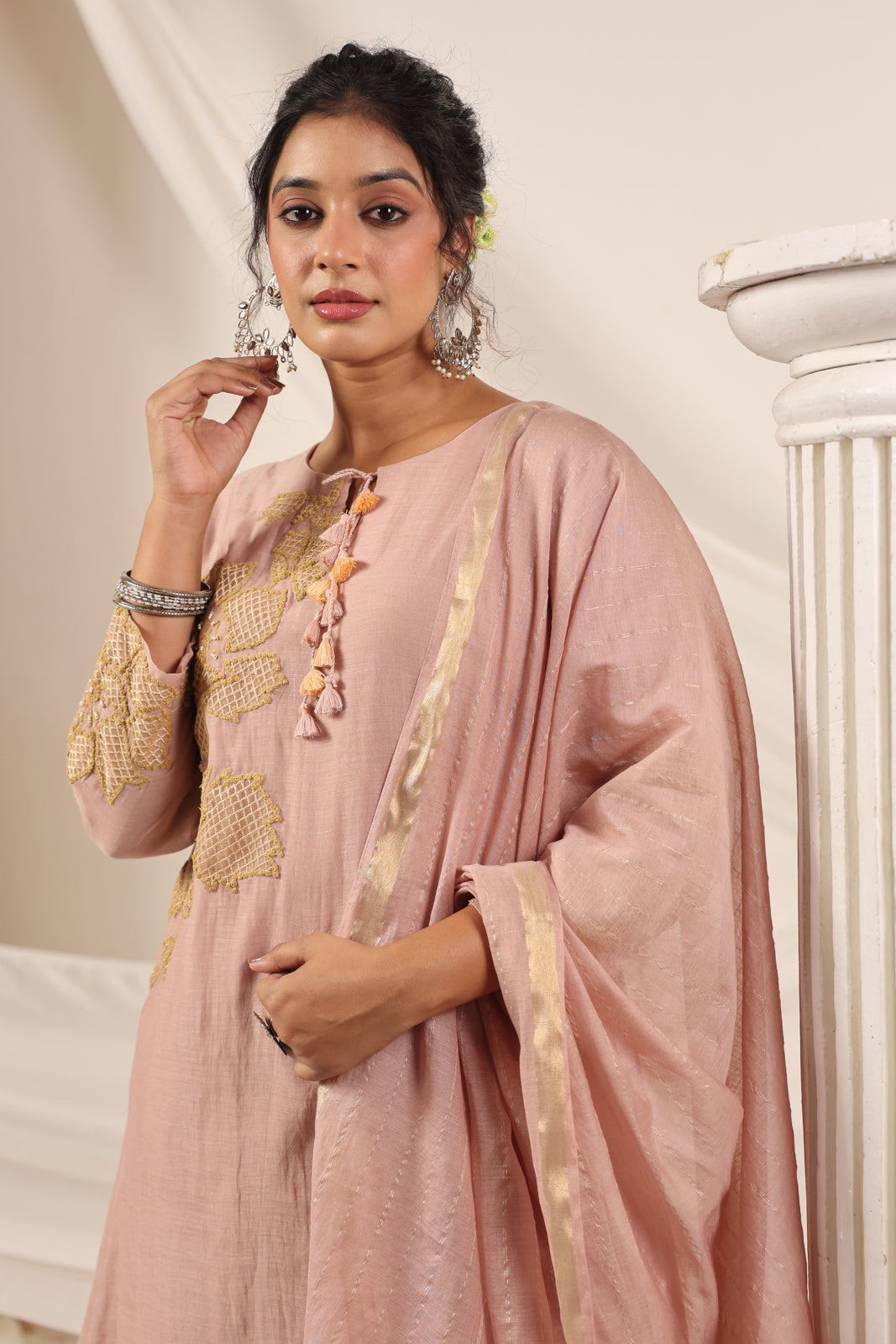 Blush Pink Chanderi Salwar Suit With Floral Embroidery Matching Pant & Dupatta
