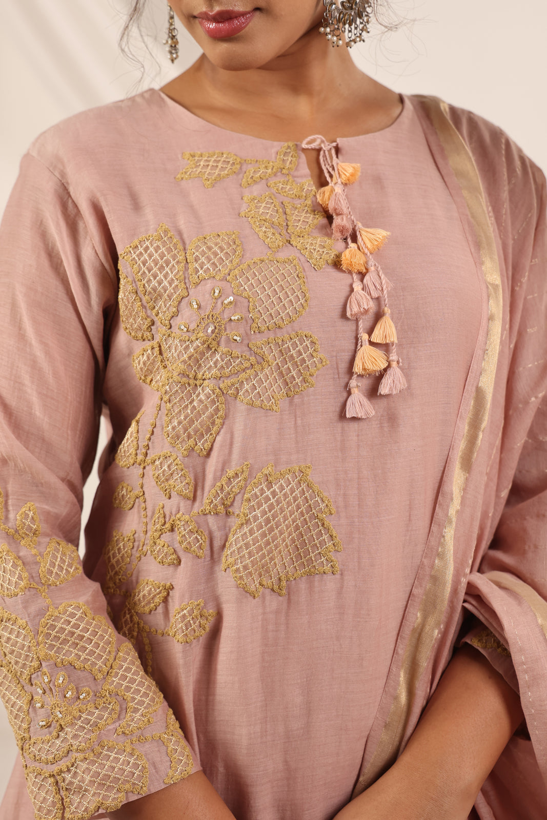 Blush Pink Chanderi Salwar Suit With Floral Embroidery Matching Pant & Dupatta