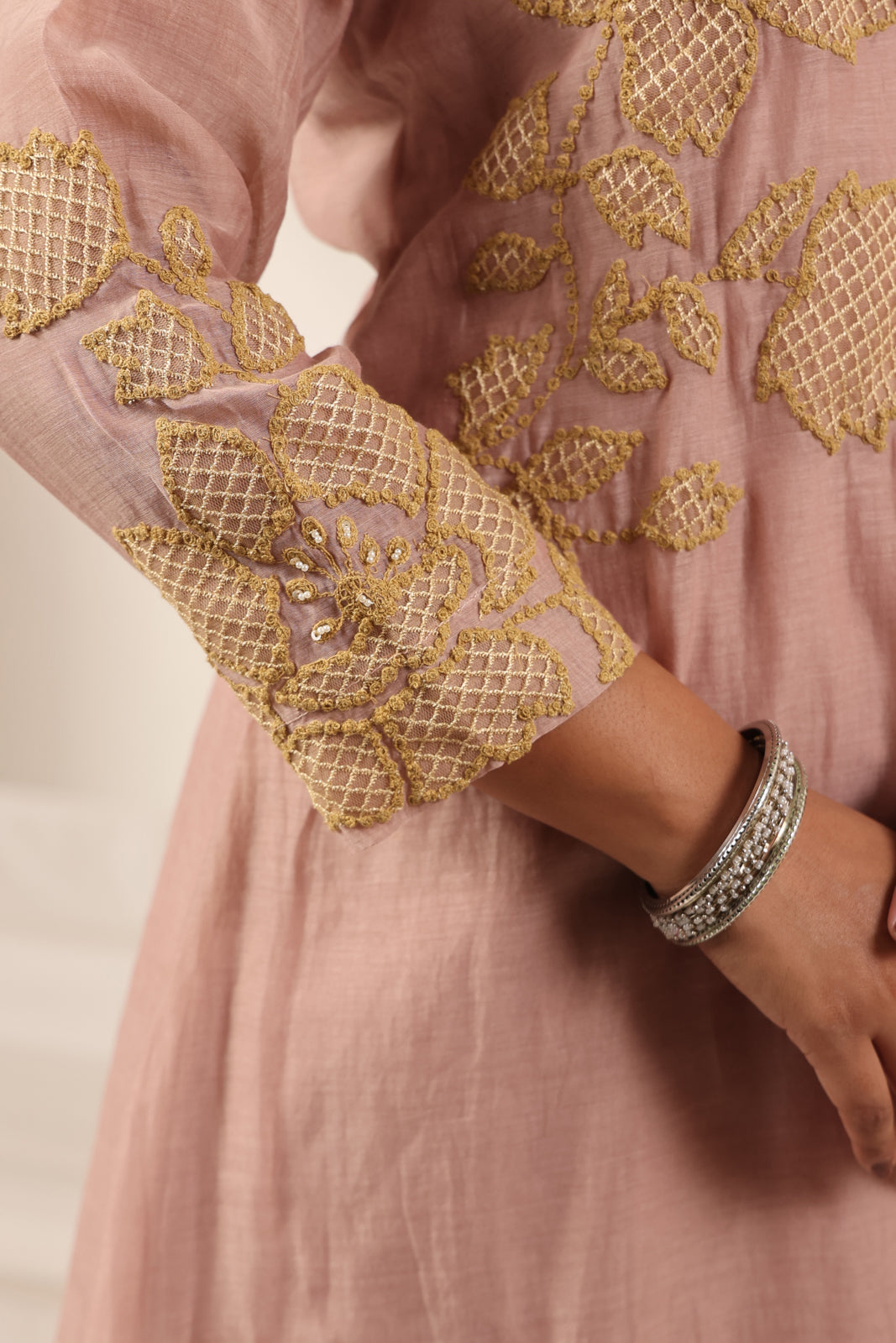Blush Pink Chanderi Salwar Suit With Floral Embroidery Matching Pant & Dupatta