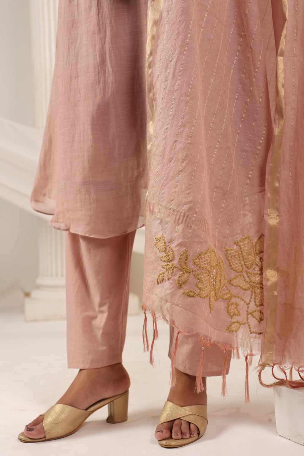 Blush Pink Chanderi Salwar Suit With Floral Embroidery Matching Pant & Dupatta