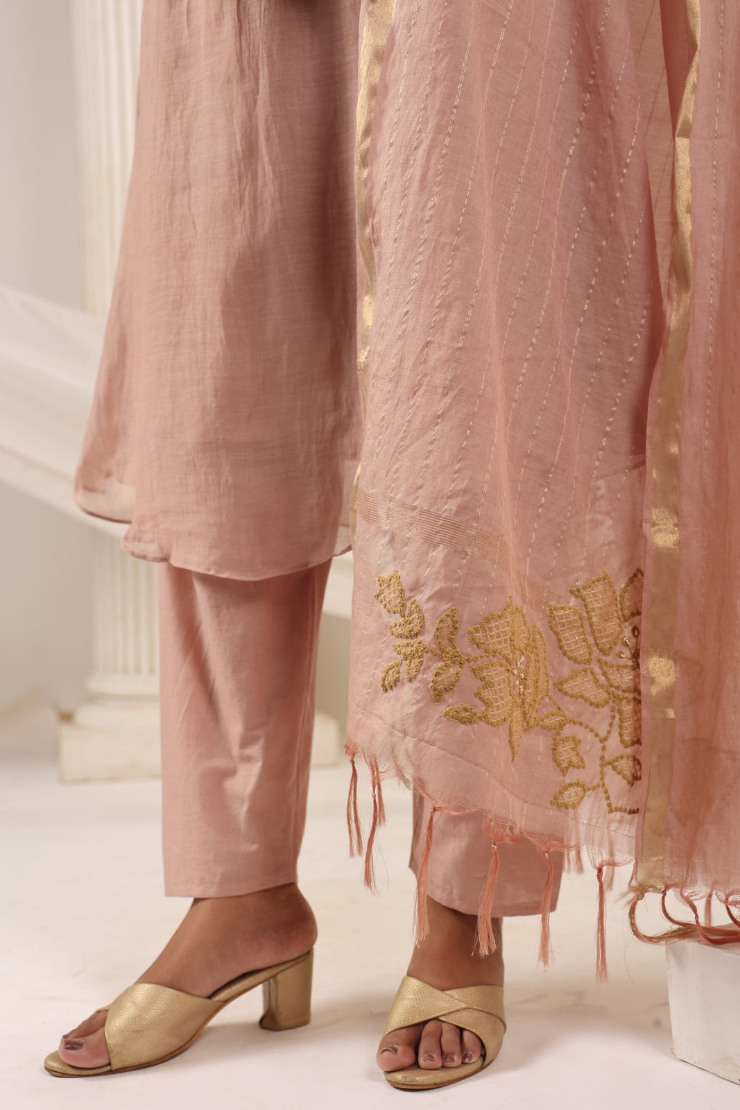 Blush Pink Chanderi Salwar Suit With Floral Embroidery Matching Pant & Dupatta