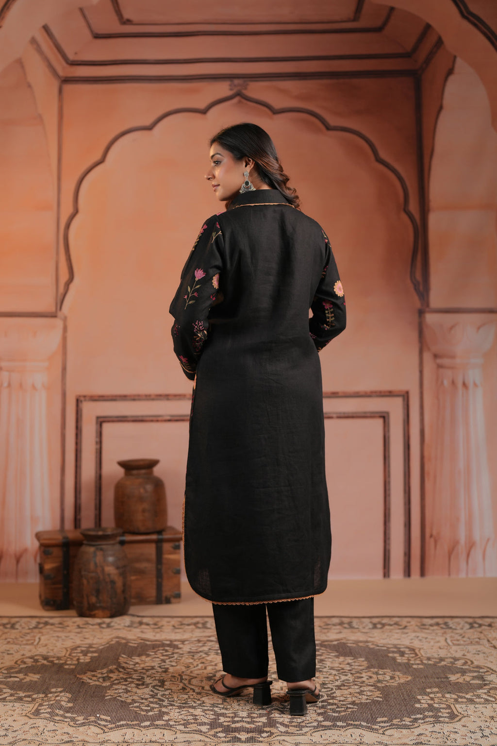Black Cotton Collared Kurti Top Allover Embroidery And Plain Black Pant