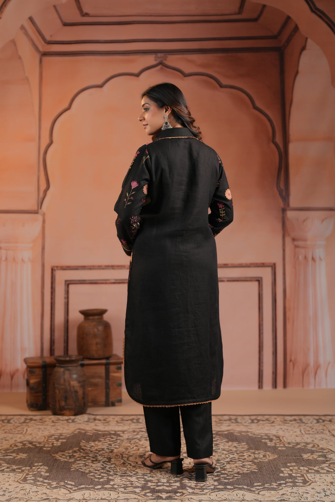 Black Cotton Collared Kurti Top Allover Embroidery And Plain Black Pant