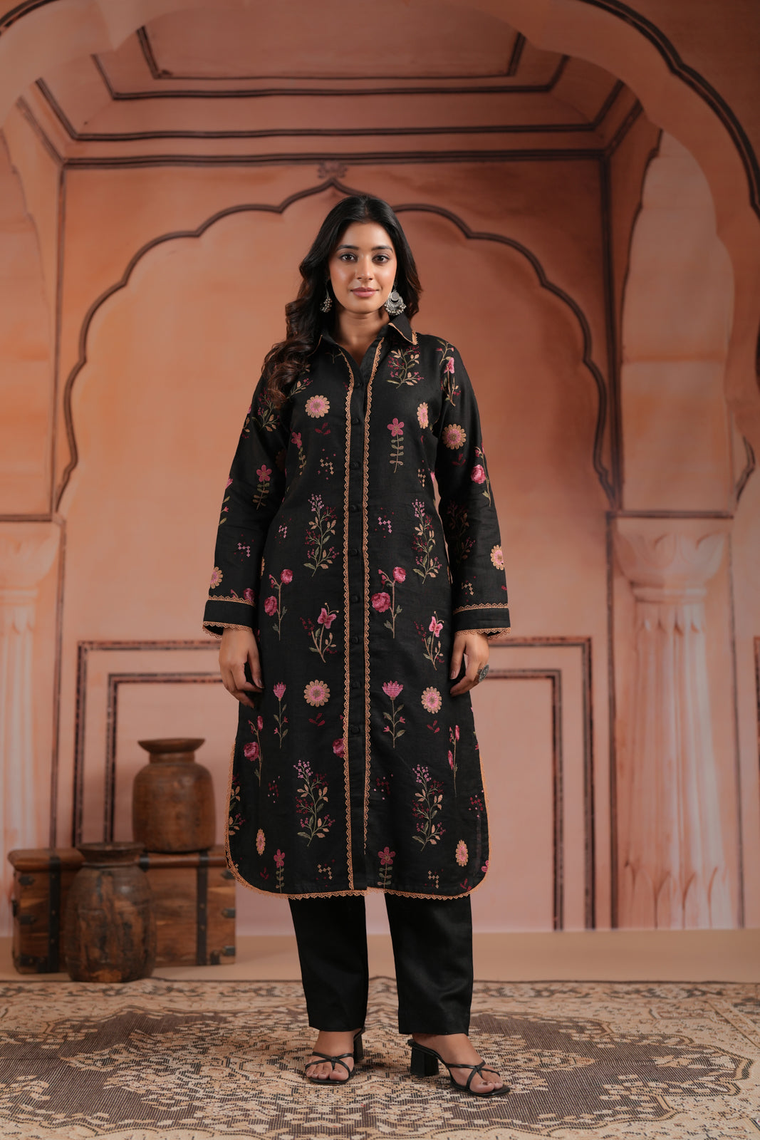 Black Cotton Collared Kurti Top Allover Embroidery And Plain Black Pant