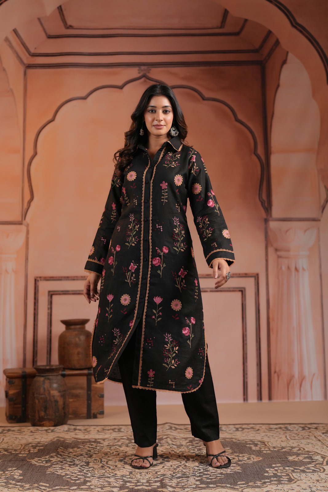 Black Cotton Collared Kurti Top Allover Embroidery And Plain Black Pant