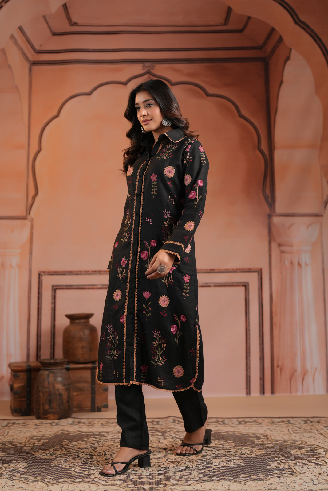Black Cotton Collared Kurti Top Allover Embroidery And Plain Black Pant