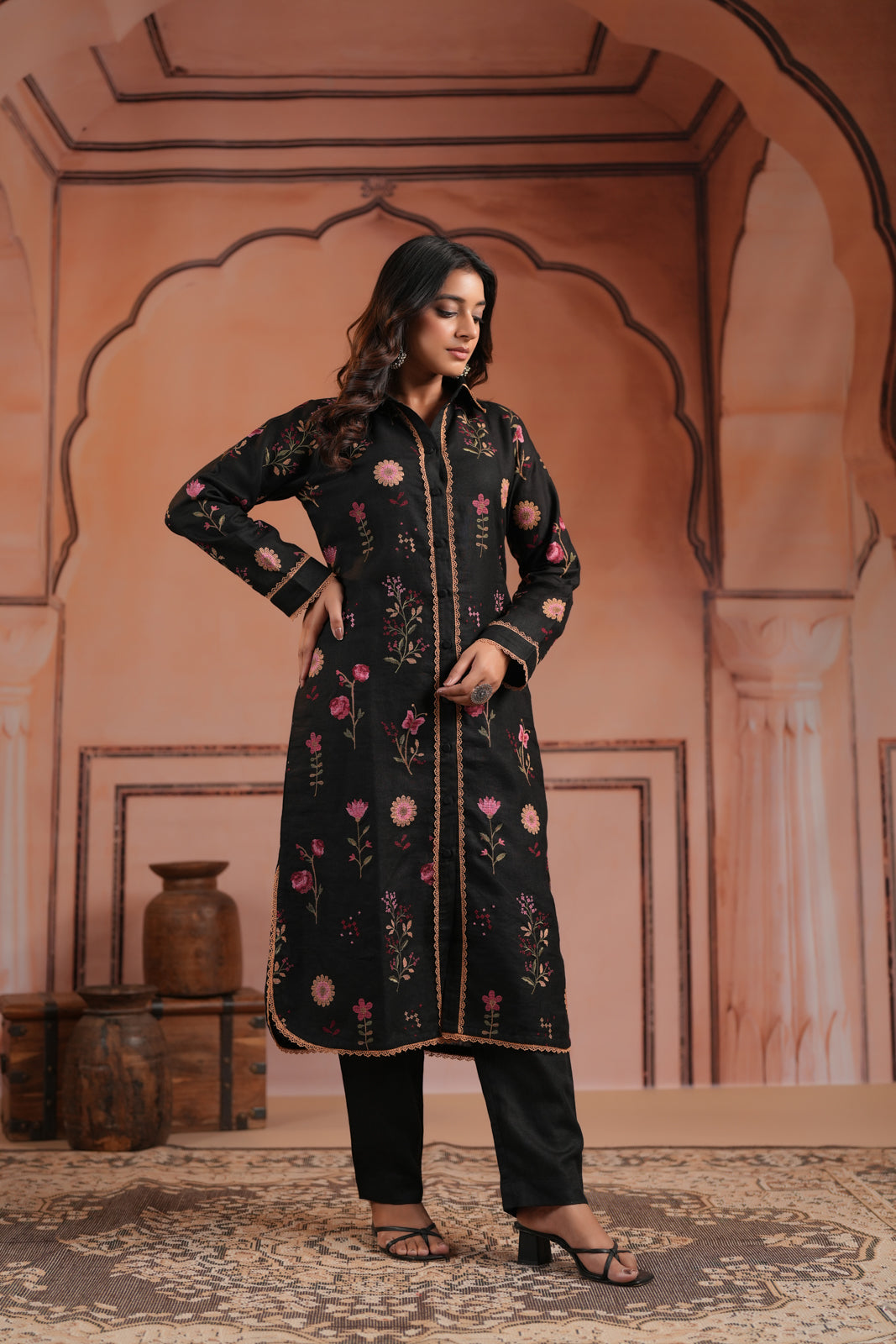 Black Cotton Collared Kurti Top Allover Embroidery And Plain Black Pant