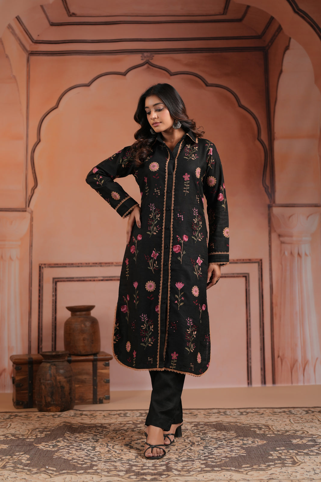 Black Cotton Collared Kurti Top Allover Embroidery And Plain Black Pant