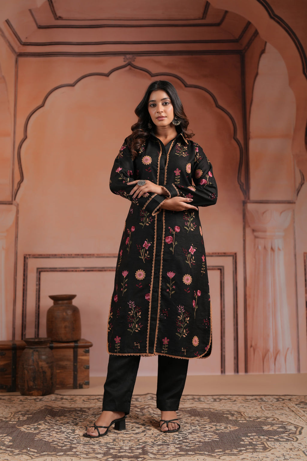 Black Cotton Collared Kurti Top Allover Embroidery And Plain Black Pant