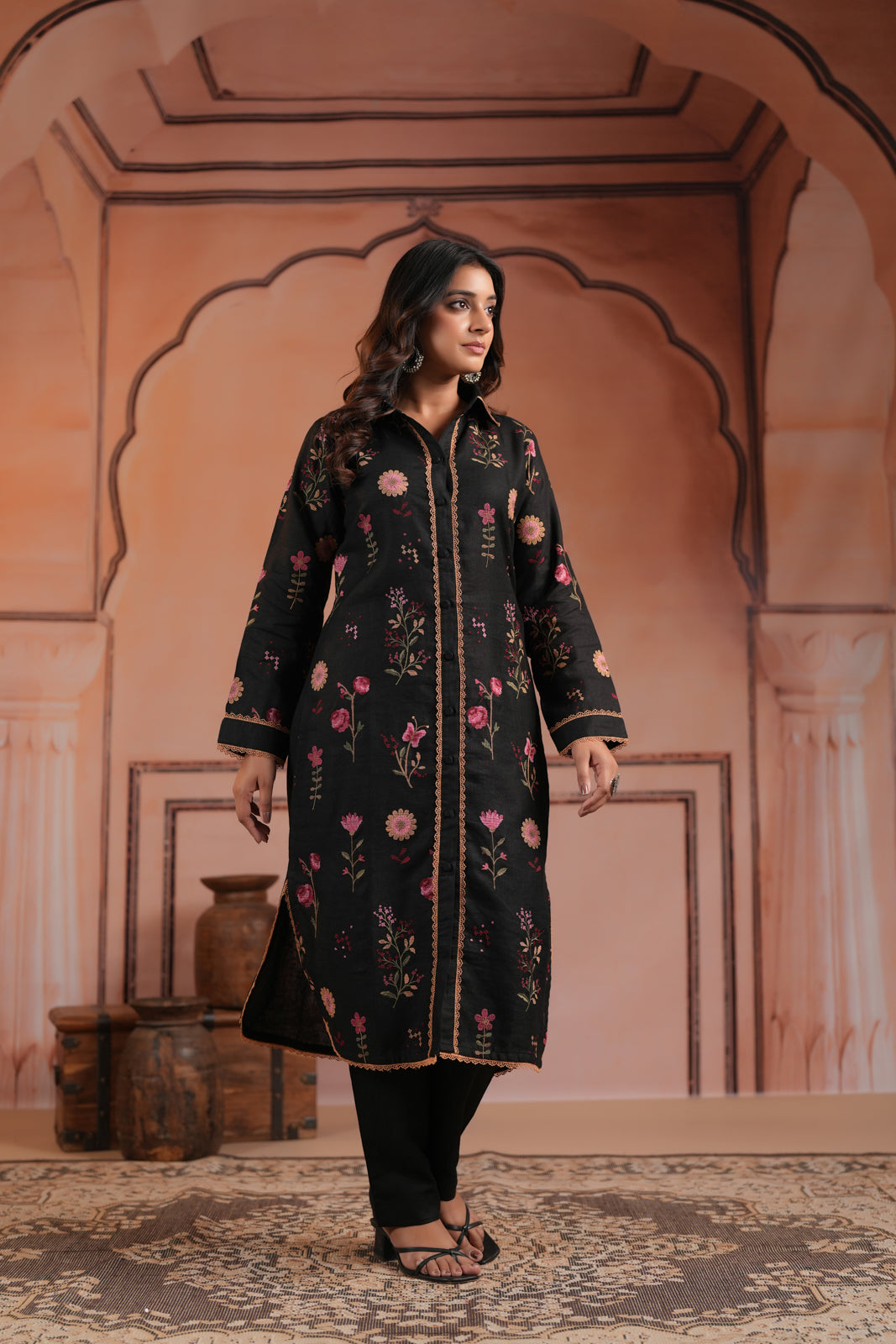 Black Cotton Collared Kurti Top Allover Embroidery And Plain Black Pant