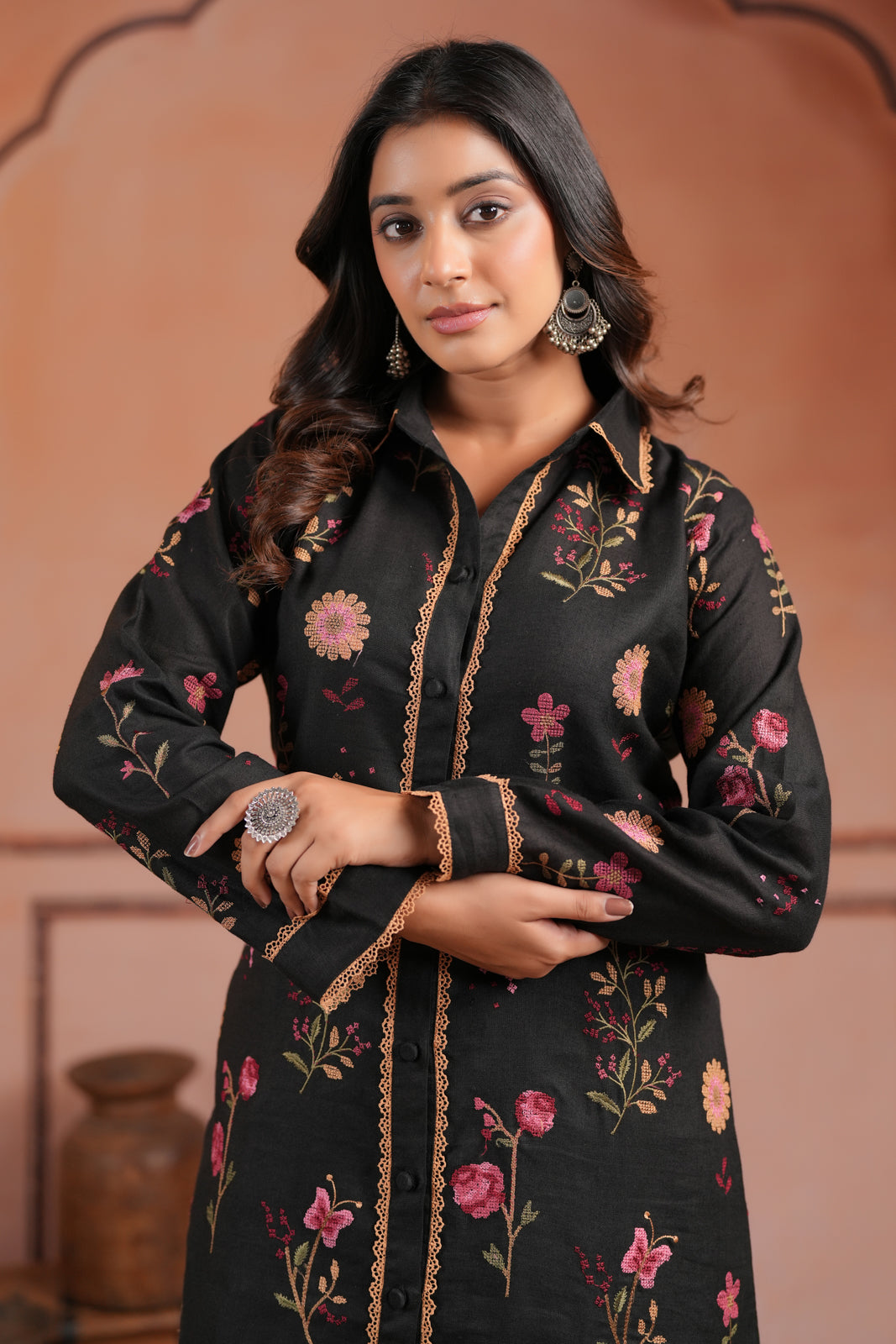 Black Cotton Collared Kurti Top Allover Embroidery And Plain Black Pant