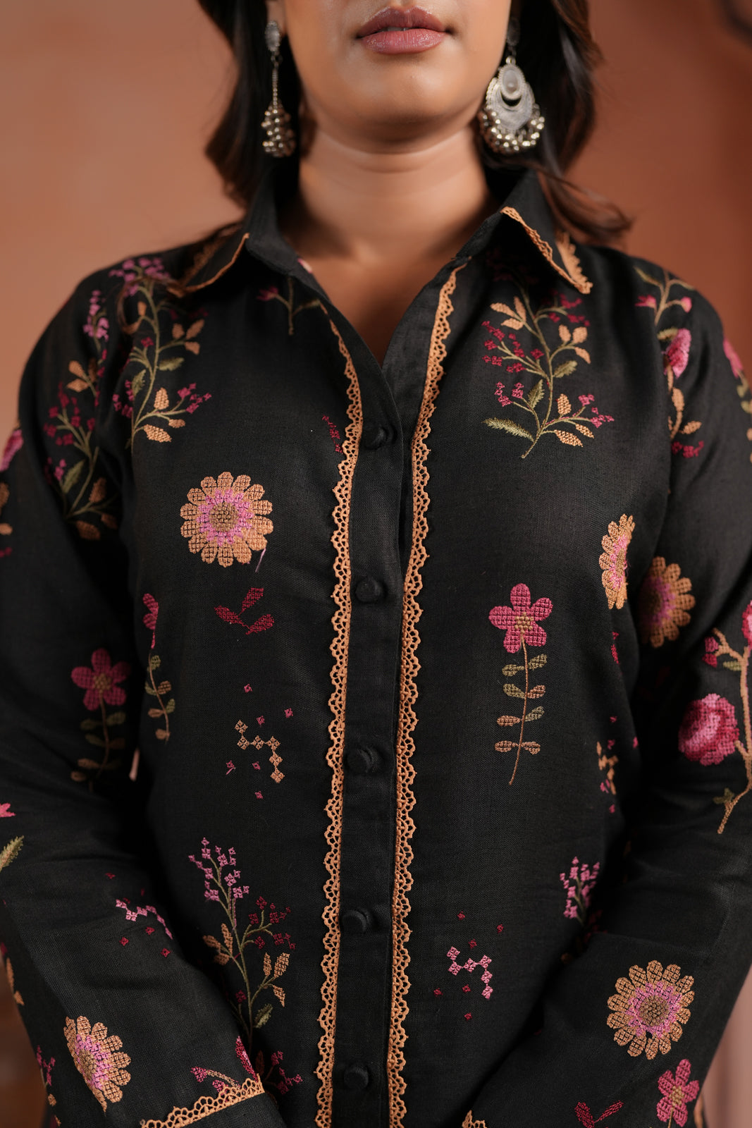 Black Cotton Collared Kurti Top Allover Embroidery And Plain Black Pant