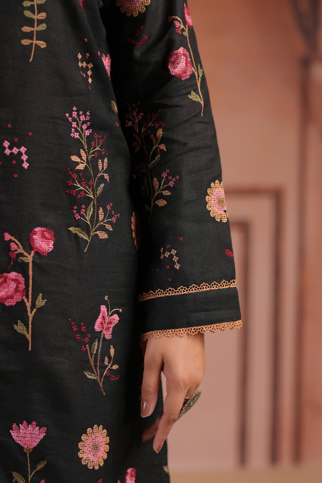 Black Cotton Collared Kurti Top Allover Embroidery And Plain Black Pant