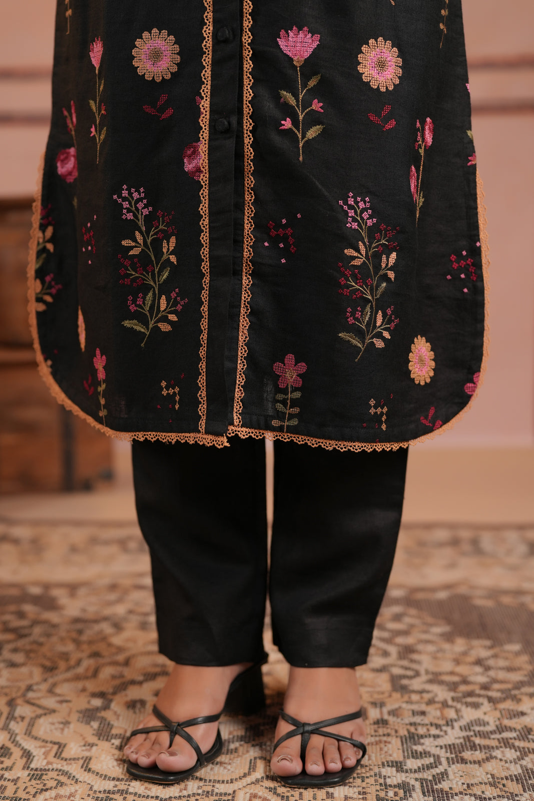 Black Cotton Collared Kurti Top Allover Embroidery And Plain Black Pant