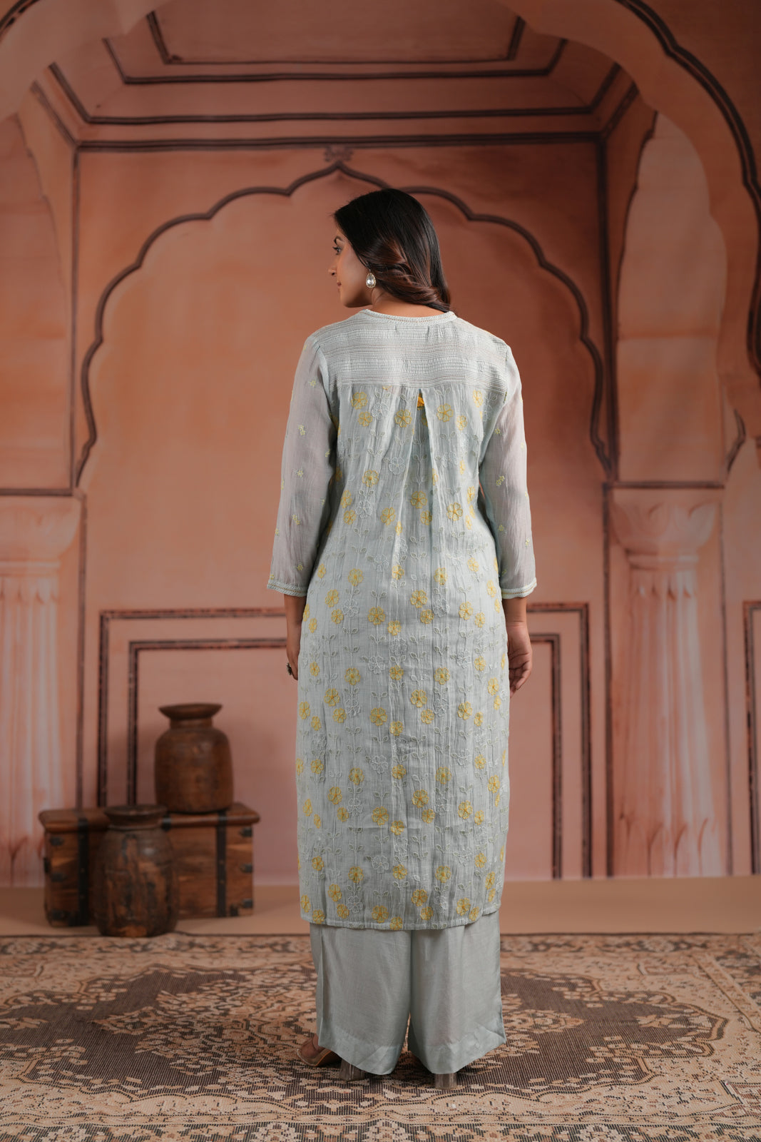 Aqua Blue Cotton Floral Embroided Kurti Top With Matching Palazzo Pant