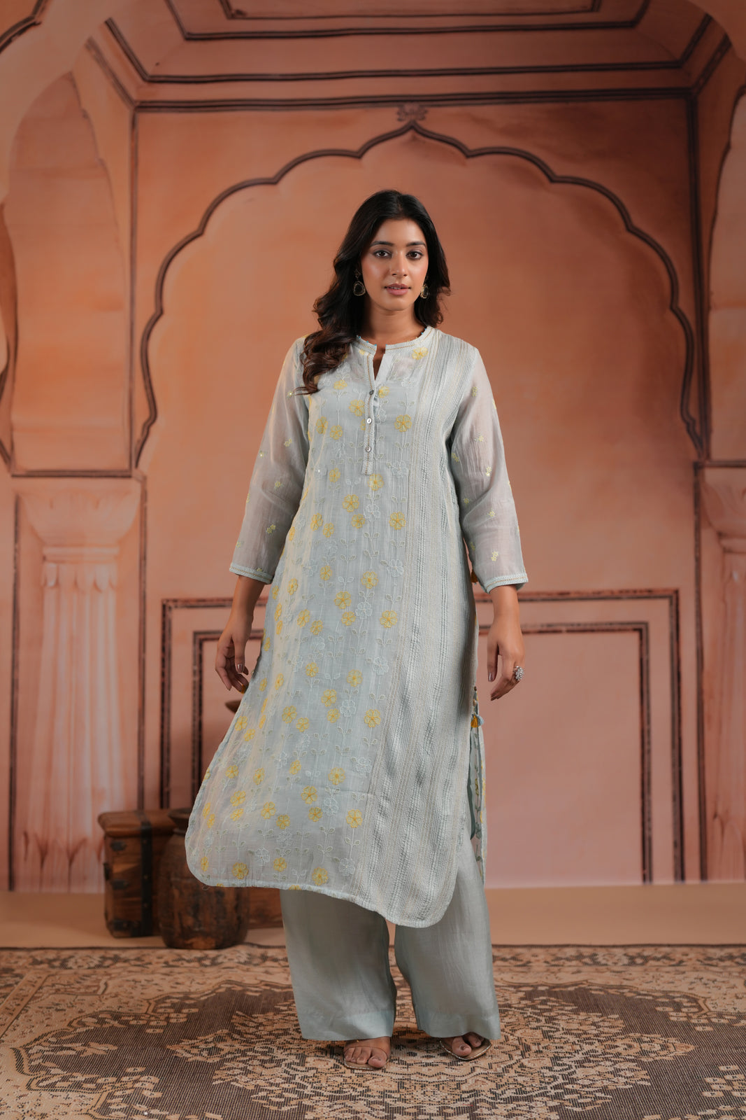 Aqua Blue Cotton Floral Embroided Kurti Top With Matching Palazzo Pant