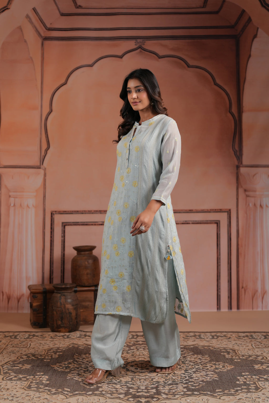 Aqua Blue Cotton Floral Embroided Kurti Top With Matching Palazzo Pant