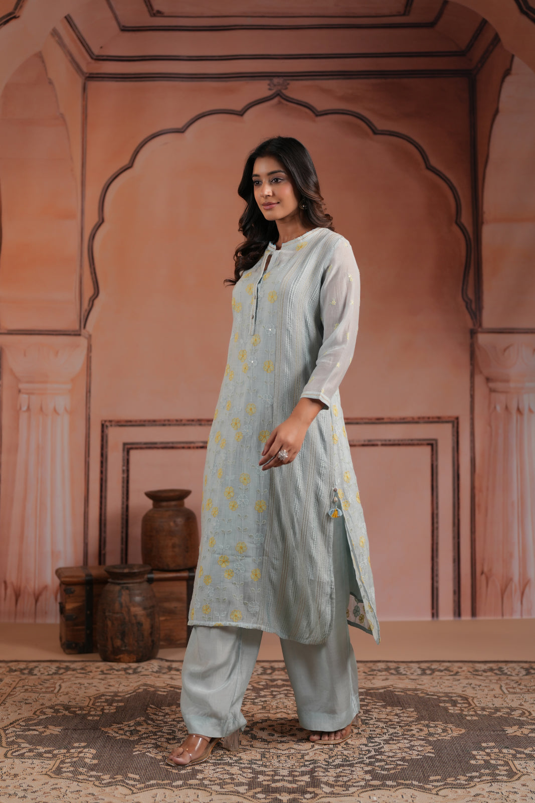 Aqua Blue Cotton Floral Embroided Kurti Top With Matching Palazzo Pant