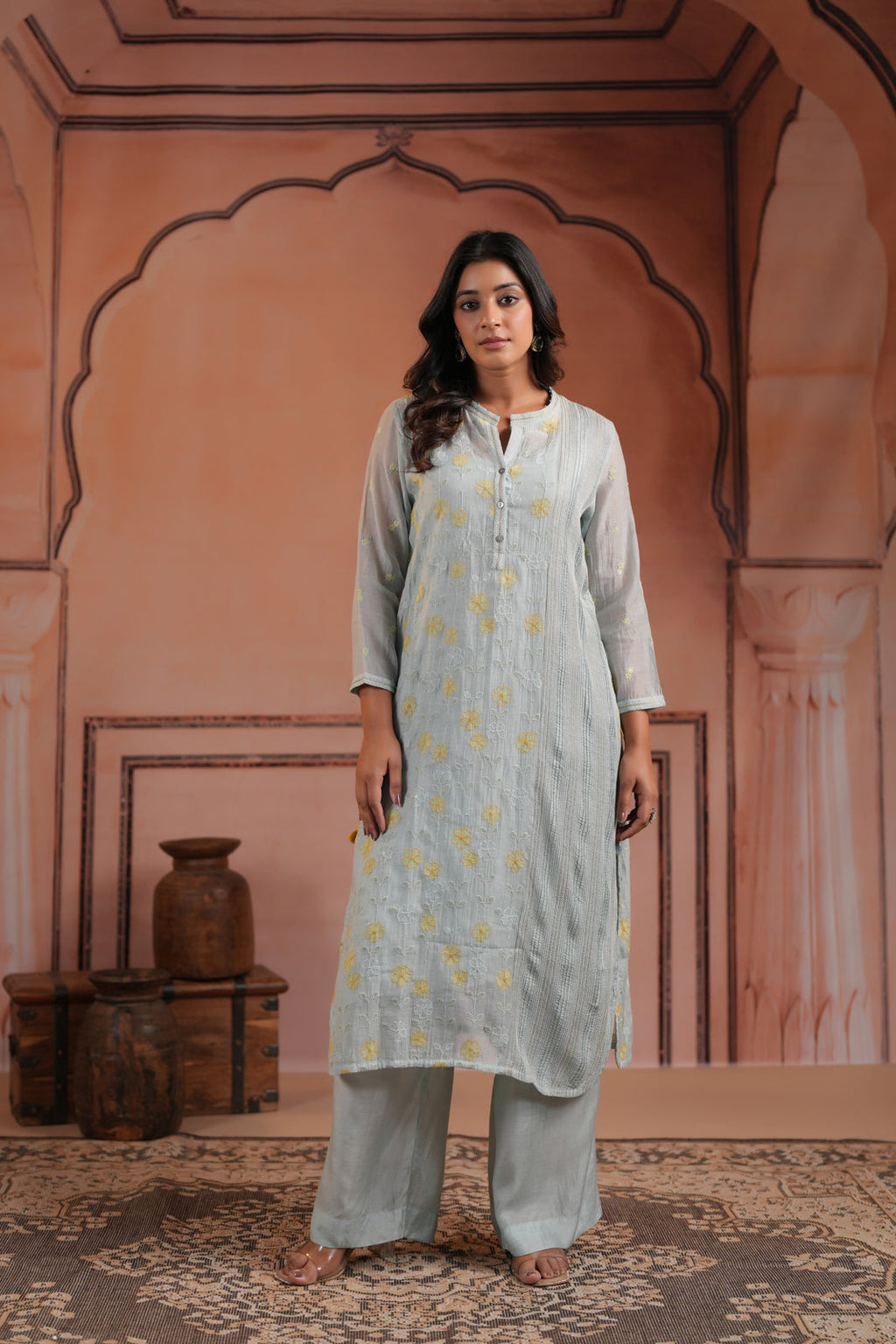 Aqua Blue Cotton Floral Embroided Kurti Top With Matching Palazzo Pant
