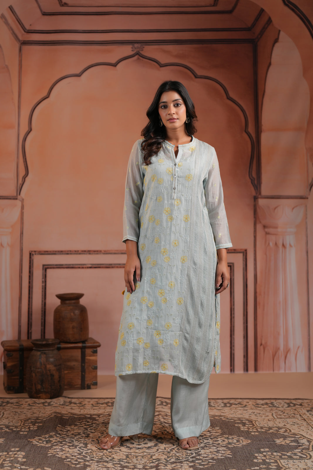 Aqua Blue Cotton Floral Embroided Kurti Top With Matching Palazzo Pant